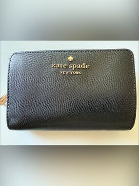 kate spade Black Saffiano Zip Wallet with Gold Logo